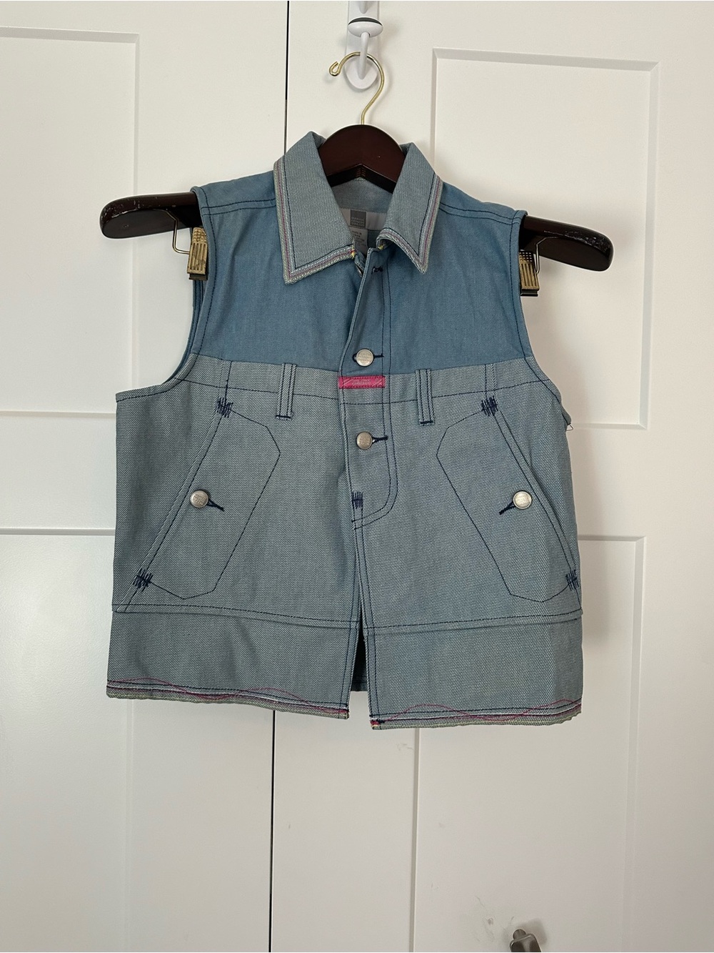 Marithe Francois Girbaud Blue Denim Vest with Pink Accent